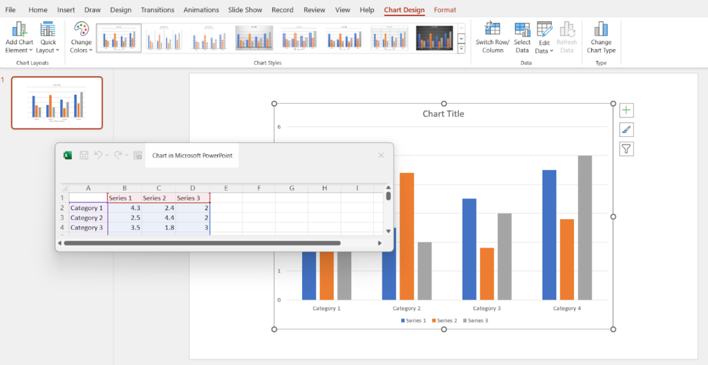 PowerPoint clustered column chart with title, axes, data series, categories. Entering chart data in Excel spreadsheet.