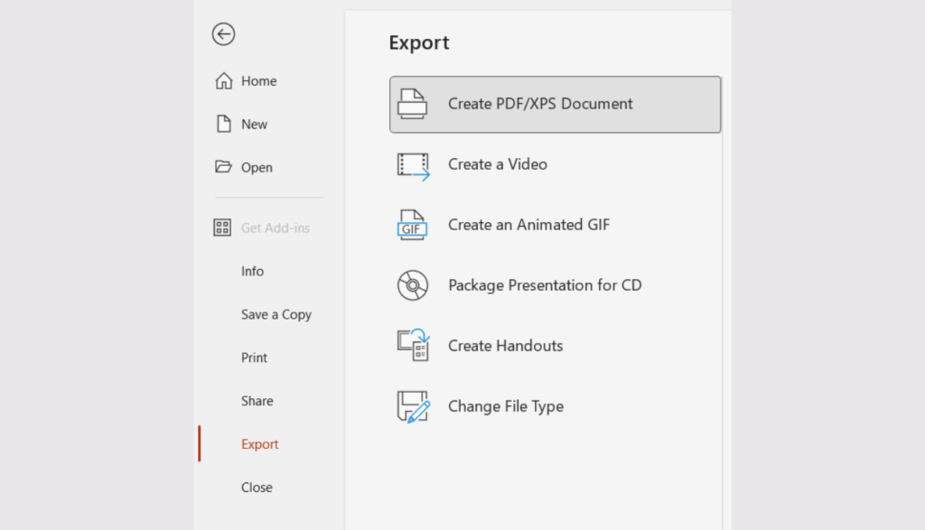 PowerPoint interface. "Export" menu open with options Create PDF/XPS Document, Create a Video, Create Handouts, etc.