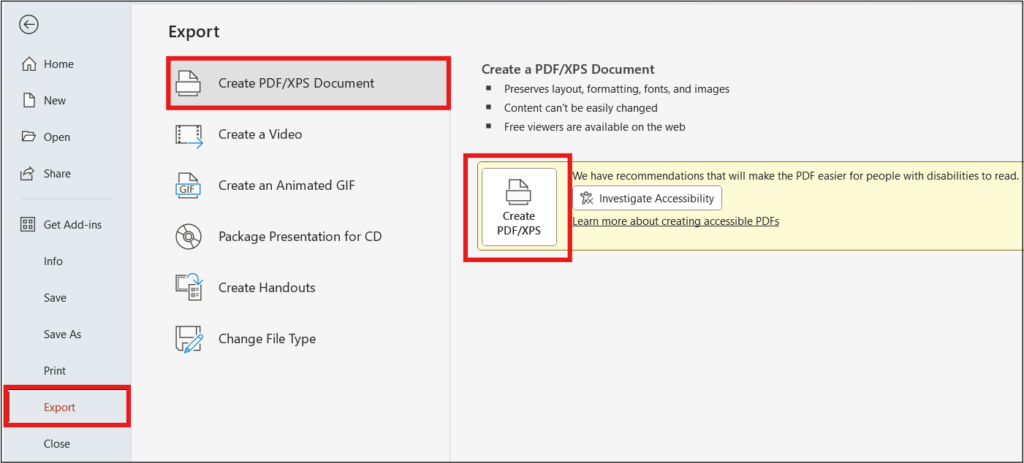 Interface snapshot highlighting Create PDF and Integrate Accessibility options.