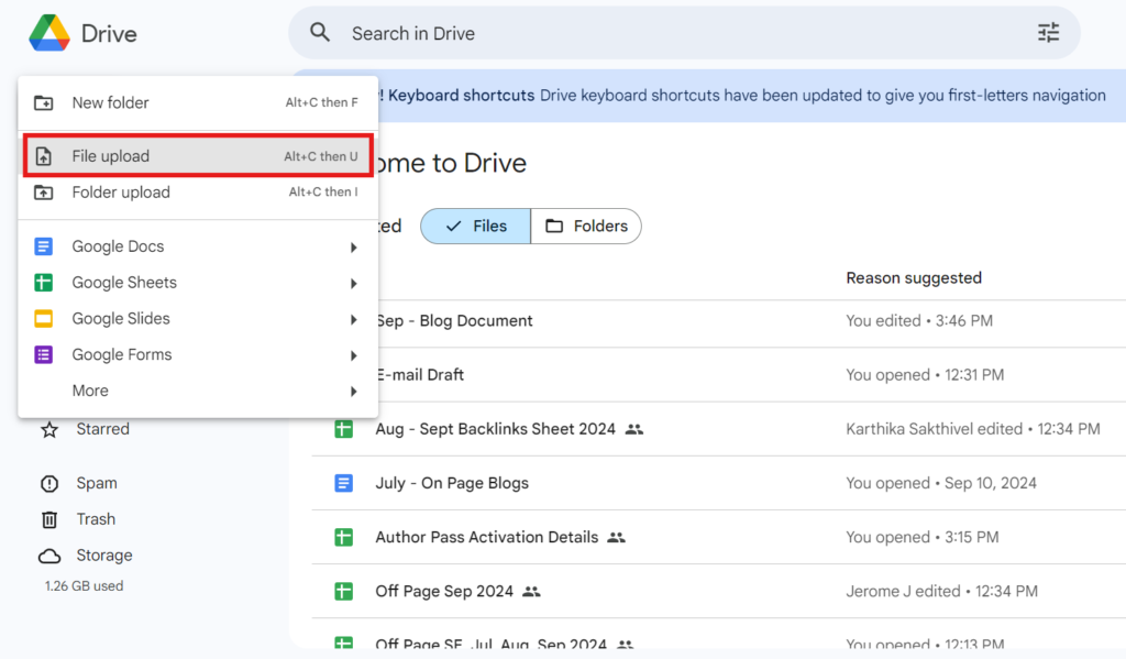 Google Drive screen showing the ‘File upload’ option being selected from the ‘New’ button drop-down menu.