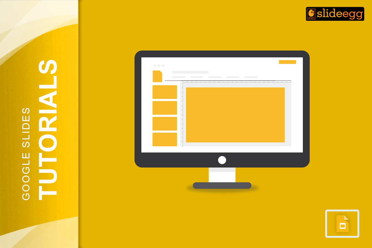 computer screen displaying blank Google Slides presentation layout with "Google Slides Tutorials" text & Google Slides logo.