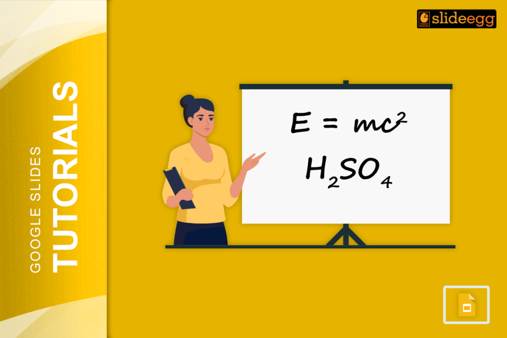 A woman standing in front of a whiteboard with the equations E=mc² and H2SO4 written on it.