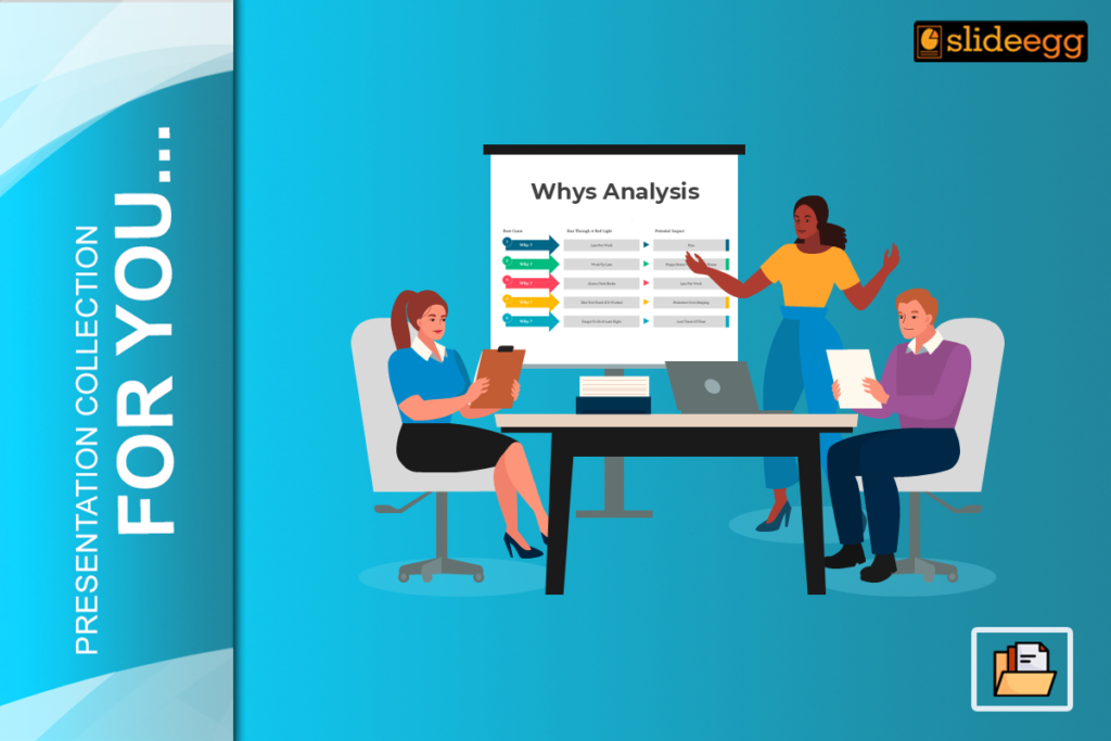 Illustration of a professional trying to explain the 5 why concepts using a board presentation.