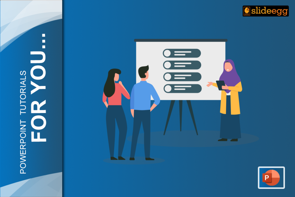 Banner of the blog "How to Add Infographics in PowerPoint". It shows a woman presenting an infographic to a group of people.