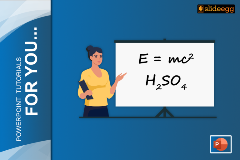 Banner image of PowerPoint tutorials. A woman points to a whiteboard with the equations E=mc² and H2SO4 written on it.