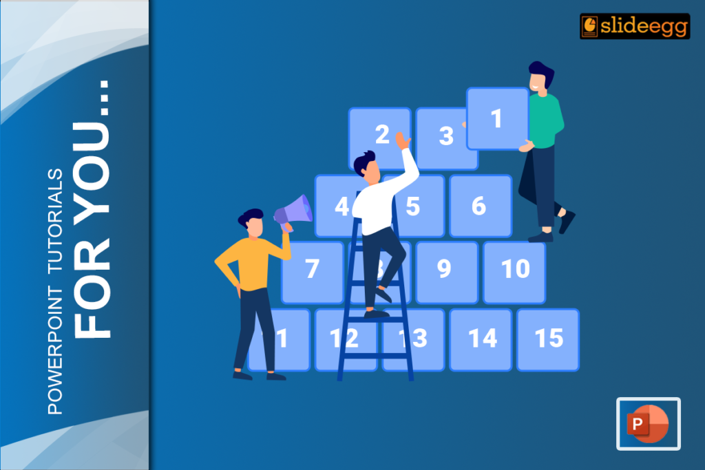 People building a wall with numbered blocks, representing arranging elements in PowerPoint.