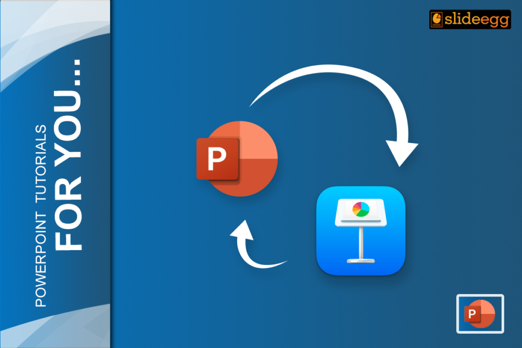 PowerPoint logo and Keynote app icon with arrows, representing conversion between the two.