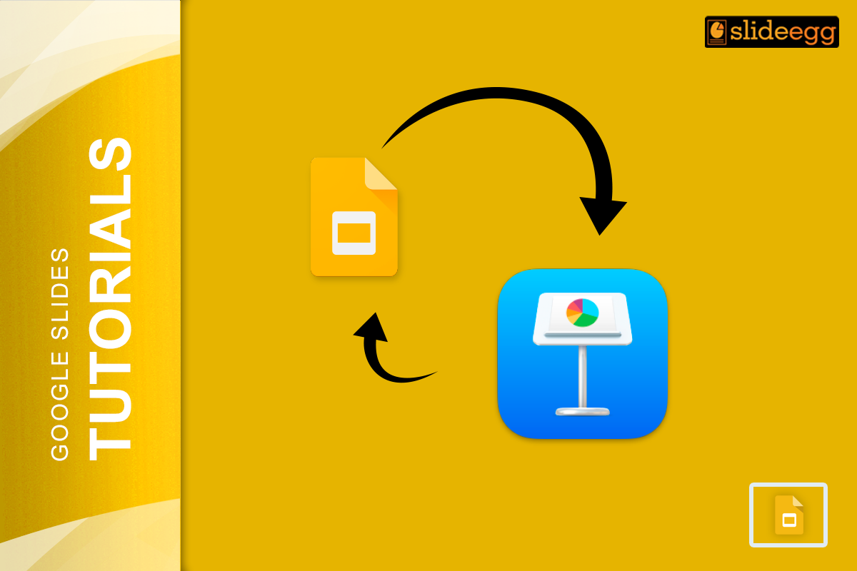 A Google Slides icon and a Keynote icon connected by arrows, indicating conversion between the two formats.