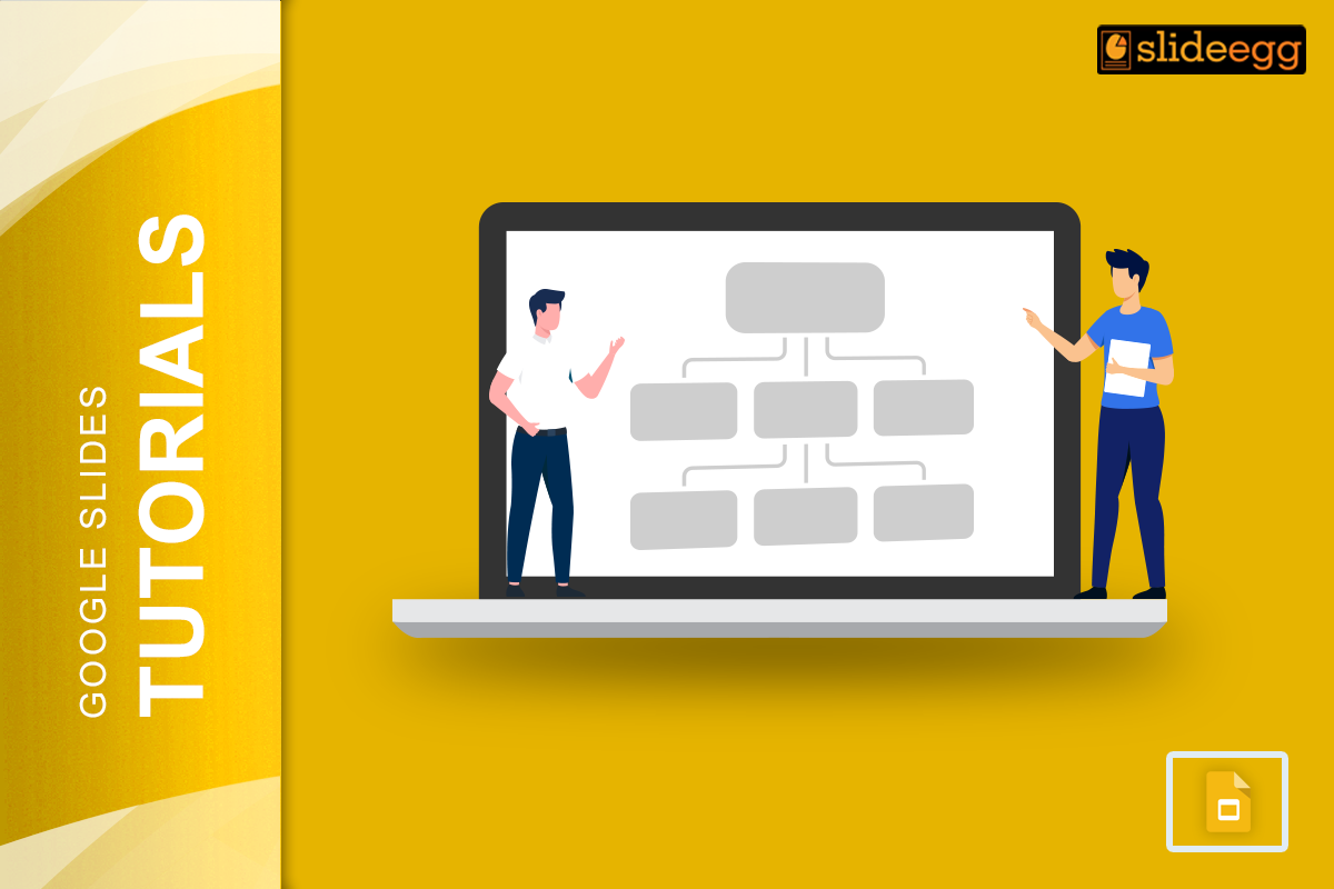 Two people discussing a flowchart on a laptop screen. Banner of the blog 'tutorial on creating flowcharts in Google Slides.'