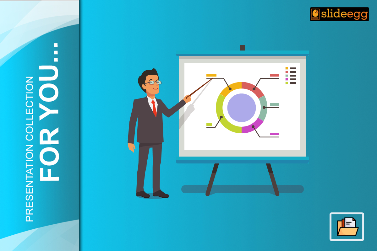 A person stands beside a presentation board, pointing at a colorful pie chart, illustrating key data points in a business setting.