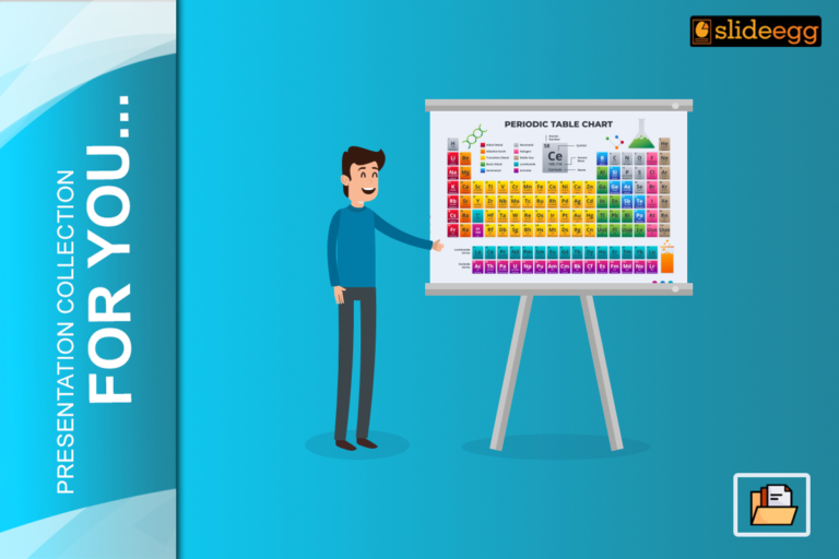 Man presenting a colorful periodic table on a whiteboard in a presentation setting.