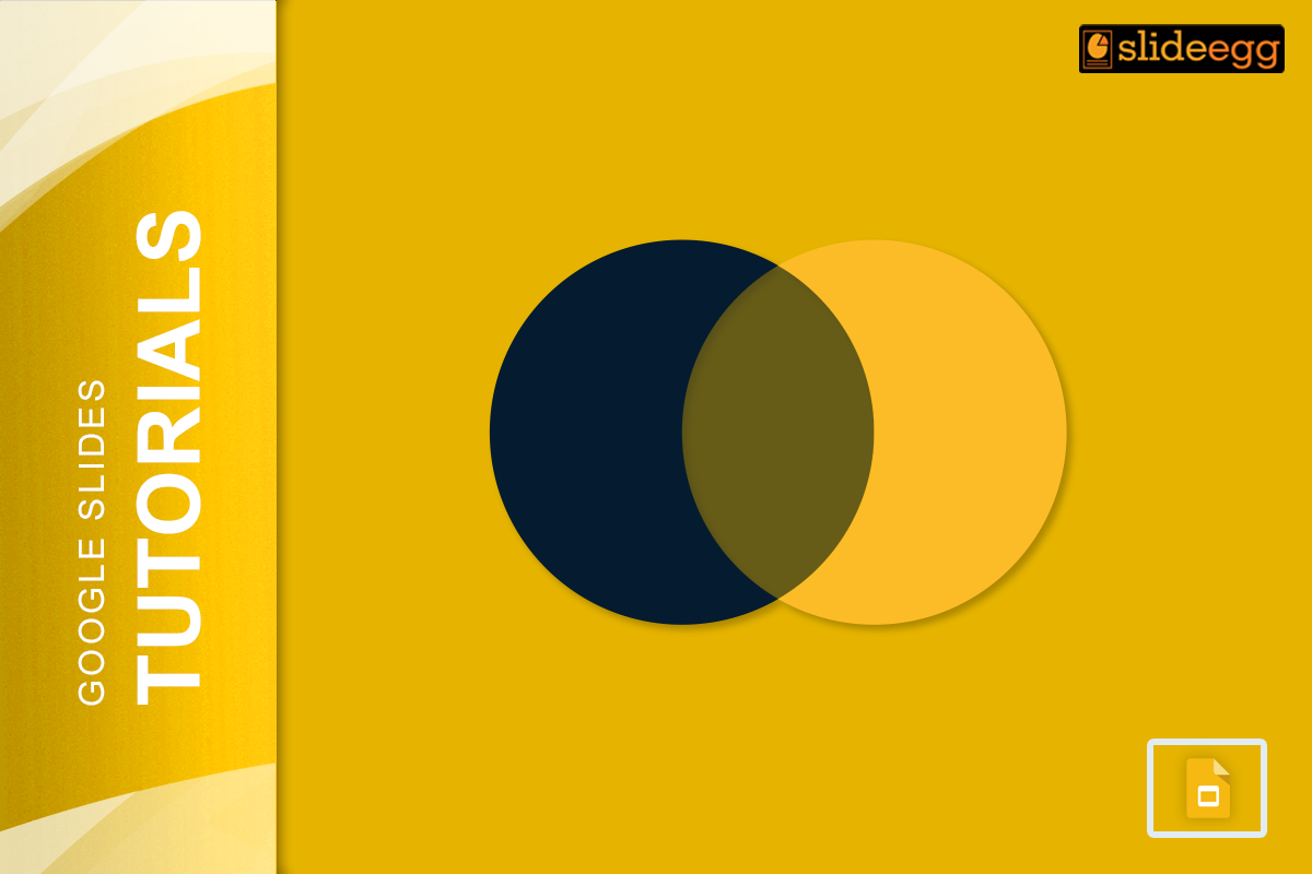 A Venn diagram with two overlapping circles, one black and one yellow, with "Google Slides Tutorials" text and logo.