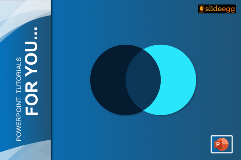 PowerPoint tutorial for beginners featuring Venn Diagram with 2 circles, one black and one blue, on a blue background.