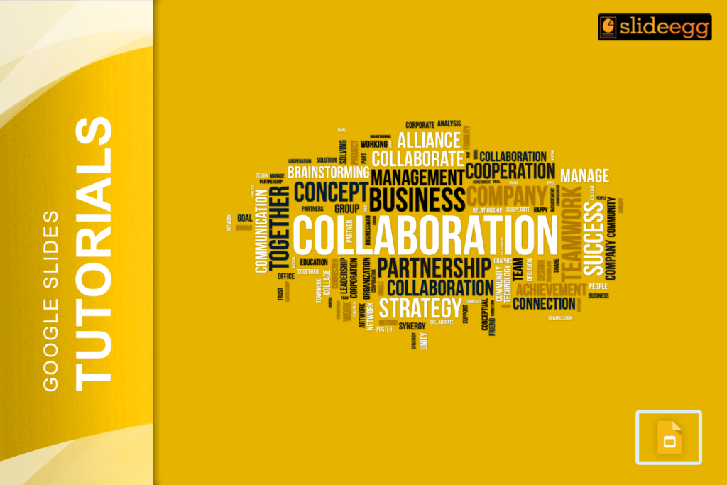 A word cloud related to collaboration, with terms like teamwork, partnership, and success.