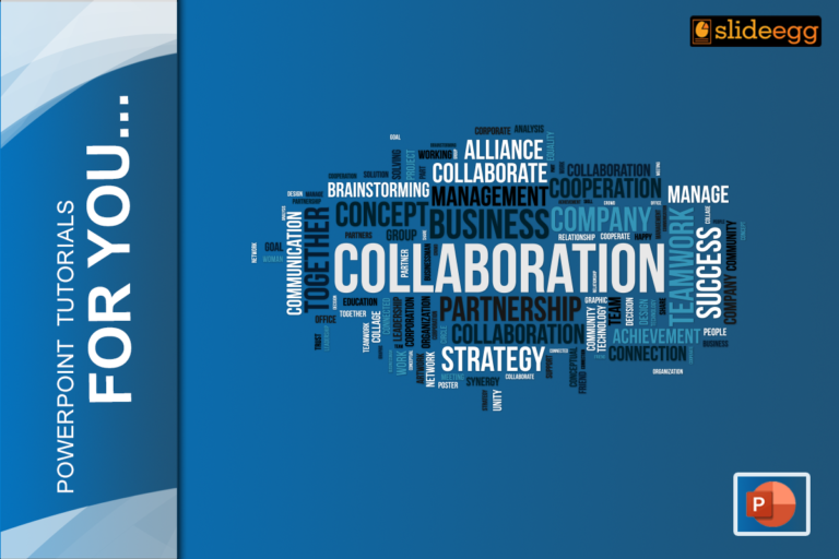 PowerPoint tutorial banner with a word cloud with terms collaboration, teamwork, partnership & success on a blue background.