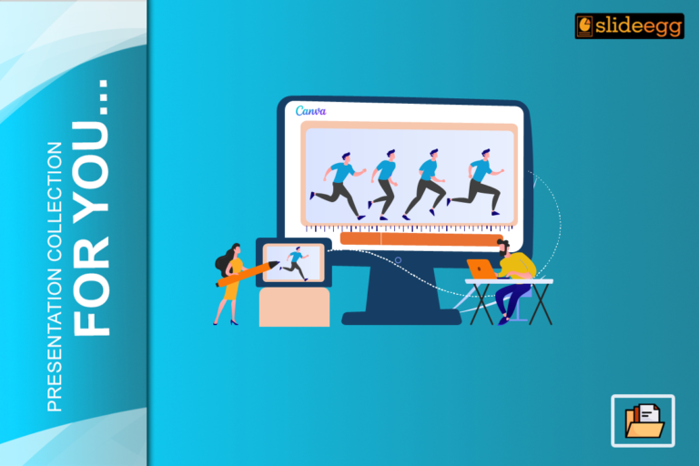 Illustration of two designers creating an animated video on Canva, with a screen showing a running character’s animation sequence.