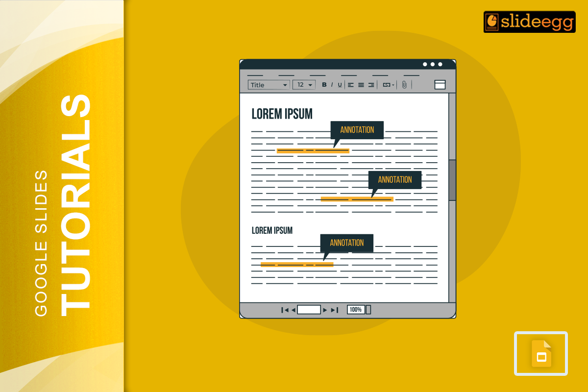 A document with highlighted text on a laptop screen. Blog banner for simple tutorial on highlighting text in Google Slides.