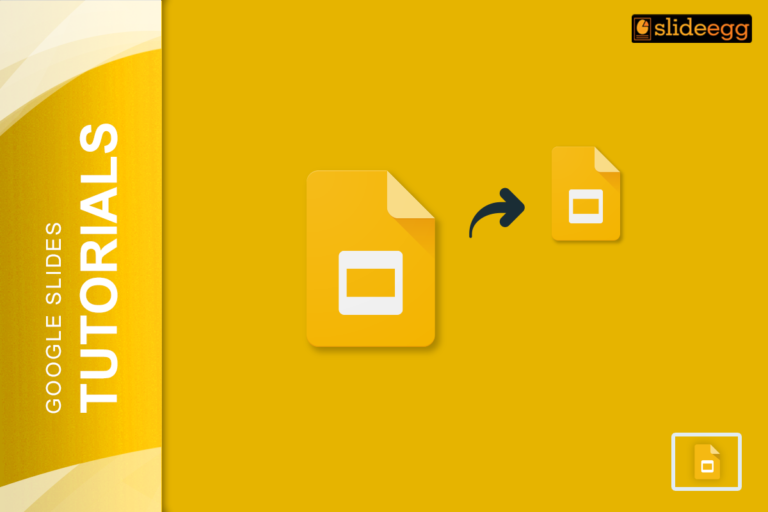 Google Slides file icons with an arrow indicating size reduction on a yellow background with the SlideEgg logo.