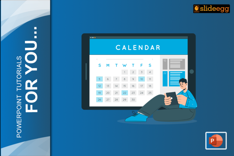 Man using a tablet with a calendar app on a blue background. PowerPoint tutorials blog banner.