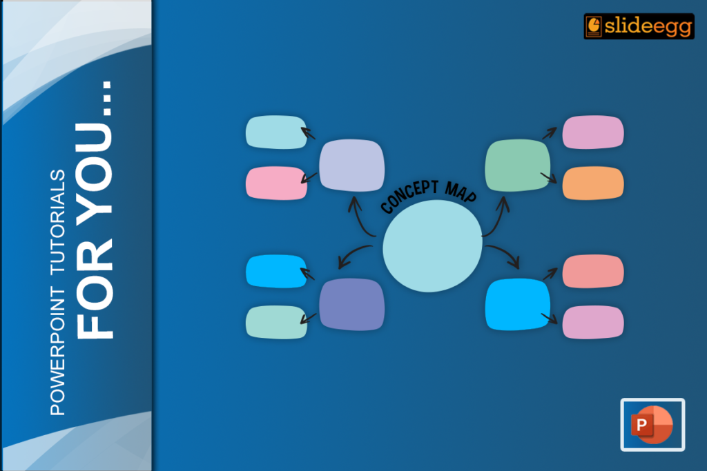 Concept map with connected boxes on a blue background. PowerPoint Tutorial Blog Banner.