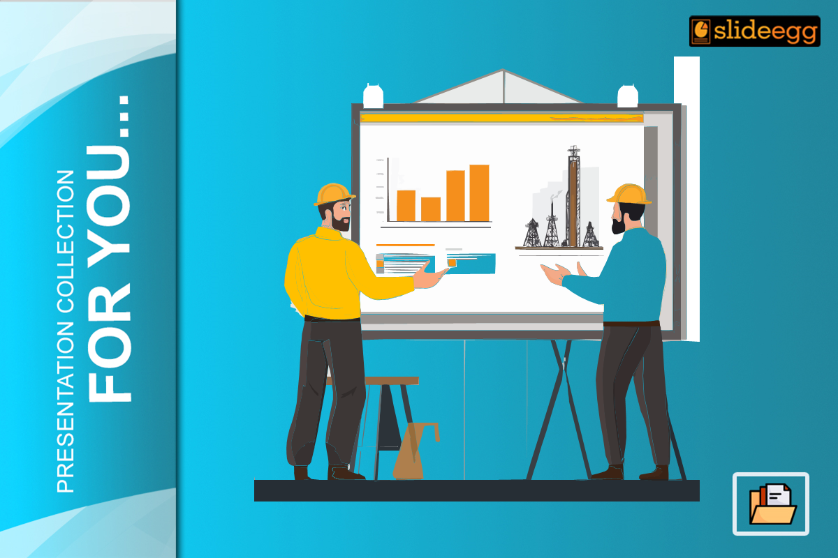 Depiction of two civil engineers discussing over the project status using graphs and bars inside a presentation.