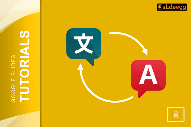 Google Slides tutorial banner, showing two speech bubbles with different languages and an arrow between them.