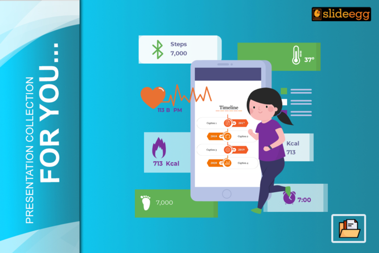 A girl showing health-related data through a phone surrounded by health related icons and text areas and-a blue background