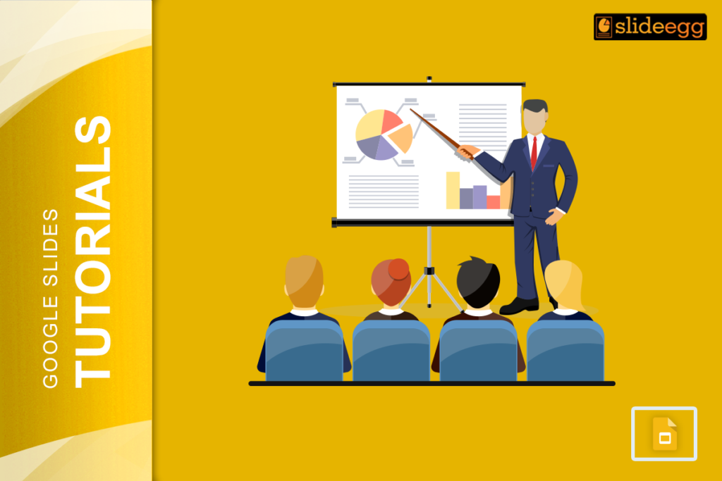 Google Slides tutorial banner on How to Use the Presenter View, showing a businessman presenting to an audience.