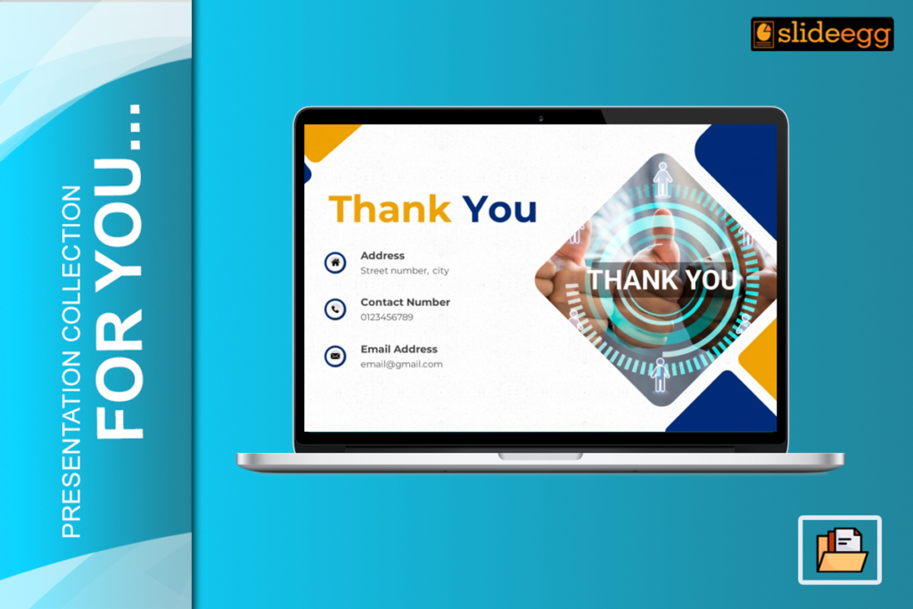 A laptop with thank you message along with three text areas to add contact information and a blue background