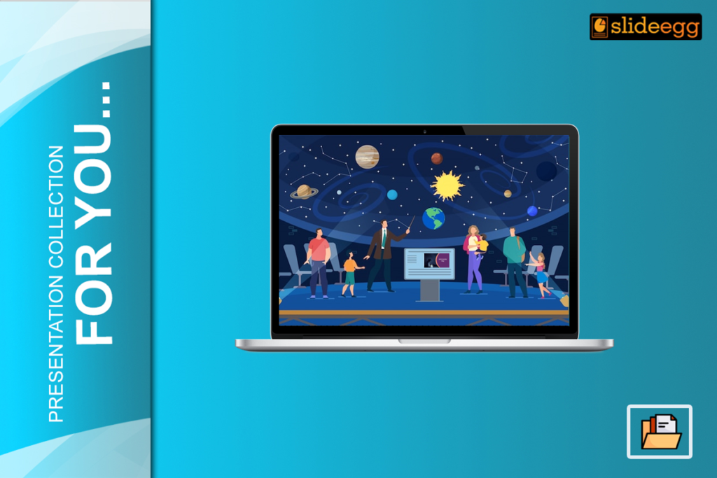 A digital illustration of an open laptop displaying a colorful presentation slide with the theme of space and astronomy.