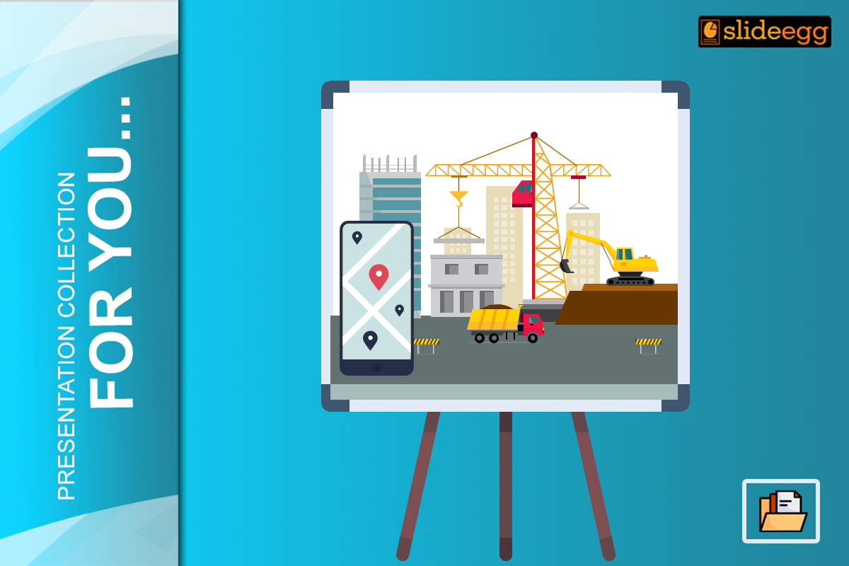 Depiction of construction project that indicates high rise building and equipments over a board presentation.