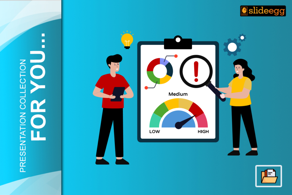 Two employee discuss the risk dashboard with blue background with slideegg logo and elements