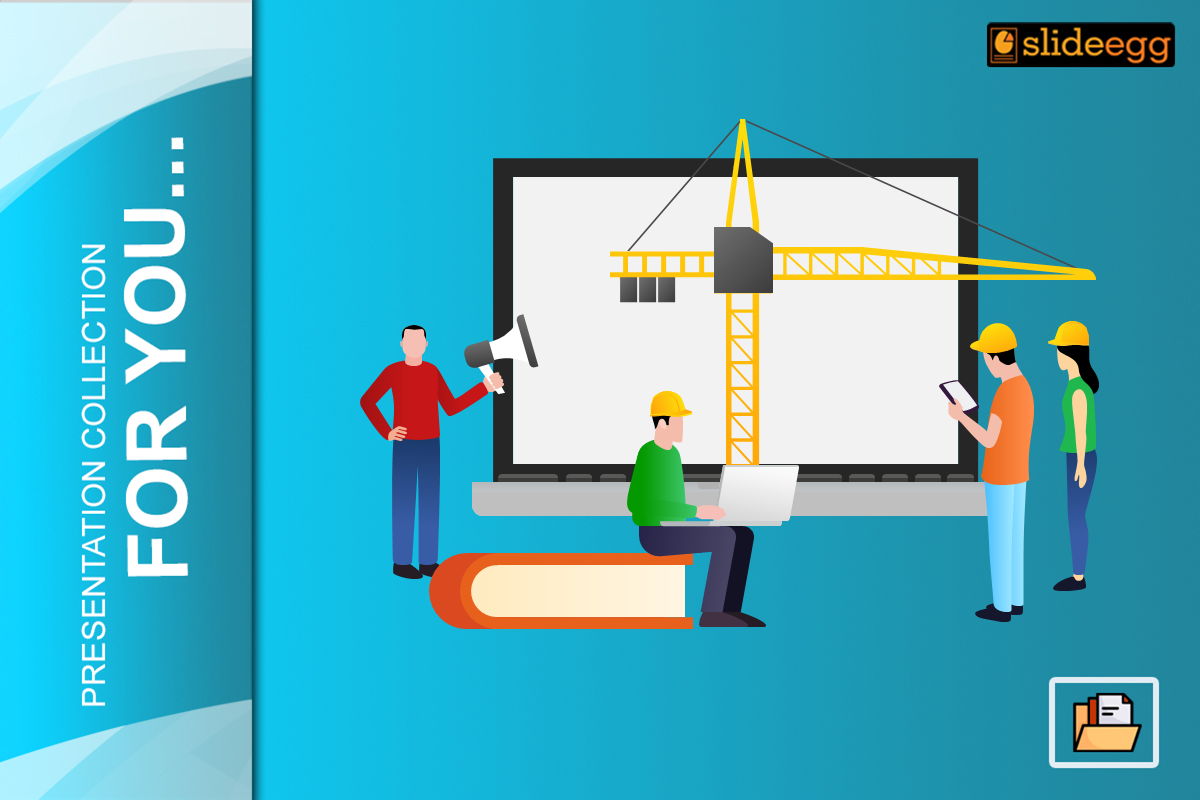 Illustration of construction site professionals trying to observe the progress of a project by looking at an equipment through laptop.