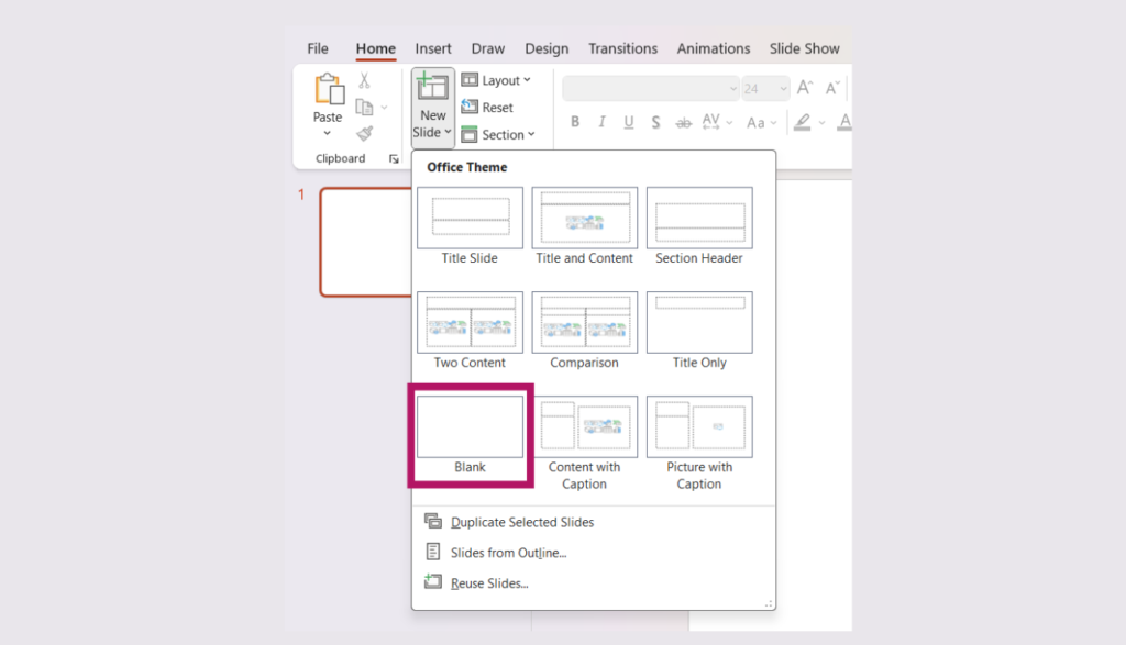 "Office Theme" pane open in PowerPoint. "Blank" layout selected. Other layouts are available.