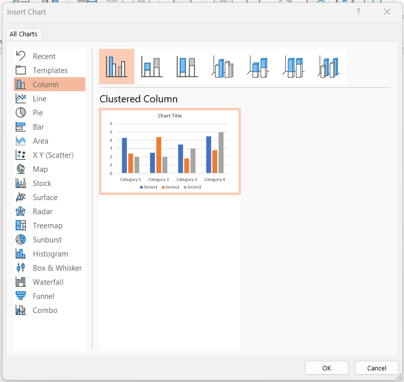 PowerPoint chart insertion dialog box with Recent, Templates, Column, Line, etc. Clustered Column chart preview.