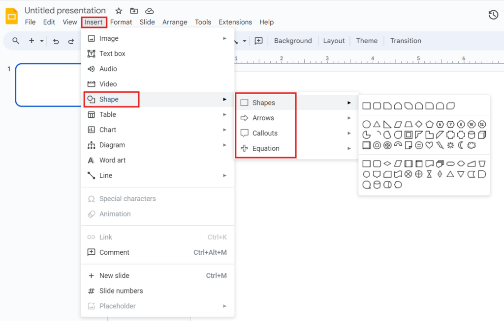 Google Slides interface. "Insert" menu open with Submenus. "Shape" option highlighted to show inserting shapes option.