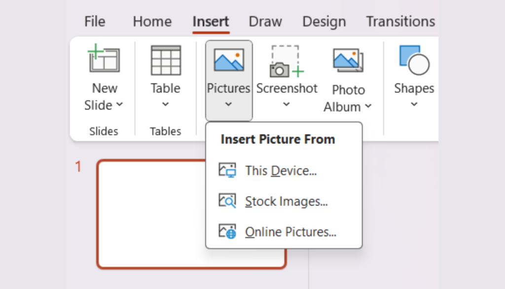 "Insert" menu open in PowerPoint. "Pictures" option selected. Submenu options: This Device, Stock Images, Online Pictures.