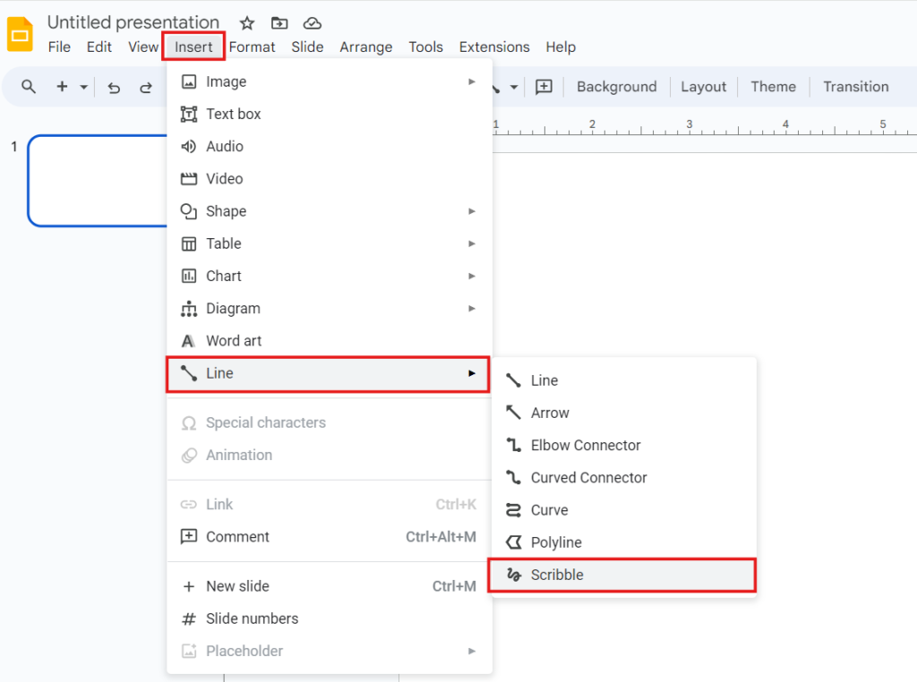 Google Slides interface. "Insert" menu open with sub menus. "Scribble" option is highlighted.