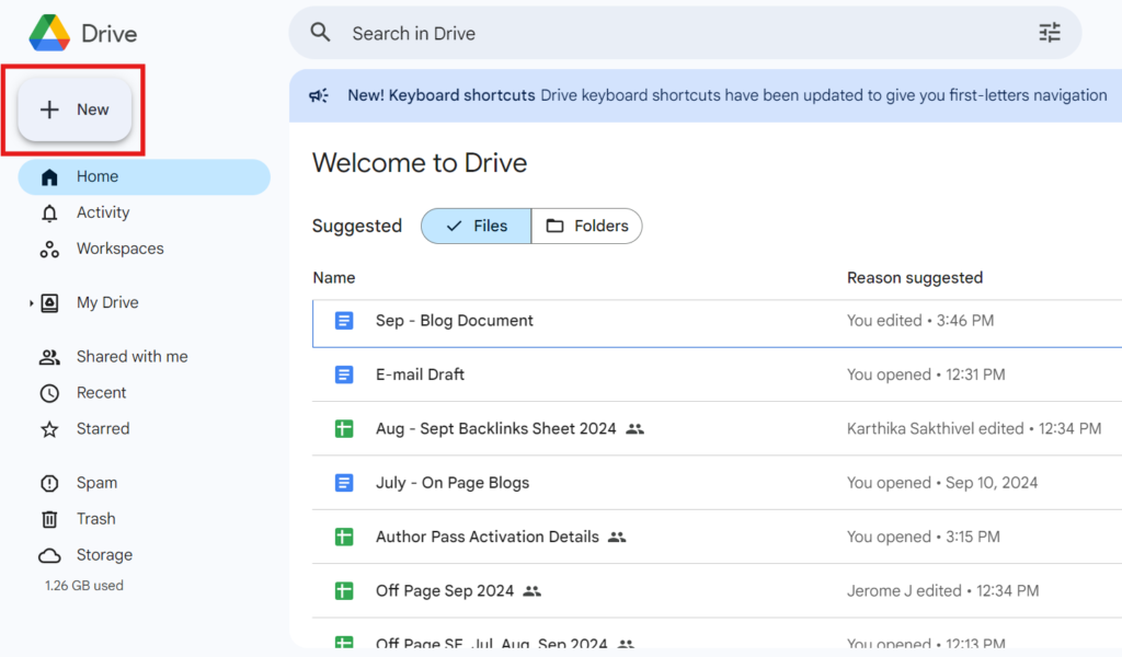 Google Drive main page with emphasis on the ‘+ New’ option highlighted
