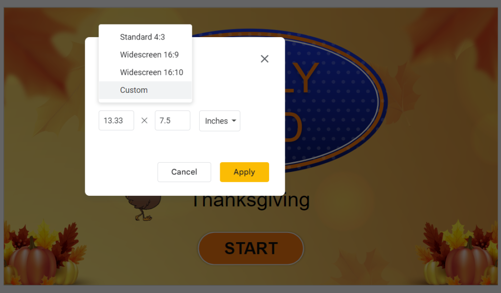 PowerPoint slide size options menu. Standard 4:3, Widescreen 16:9, Widescreen 16:10, Custom. Dimensions: 13.33 x 7.5 inches.