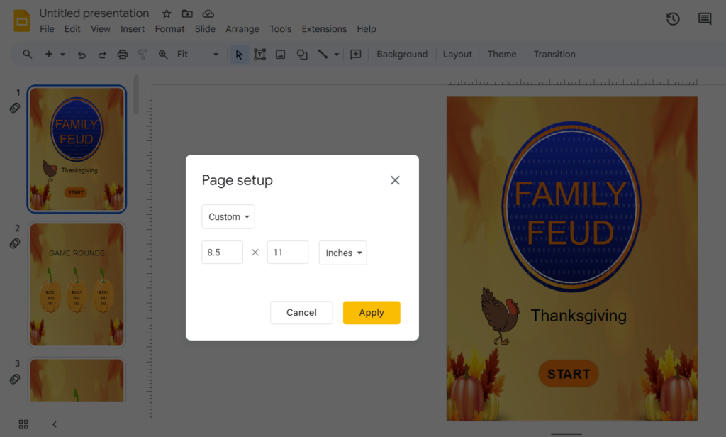 PowerPoint page setup dialog. Custom size: 8.5 x 11 inches. Cancel, Apply buttons. Slide preview shows "Family Feud" title.