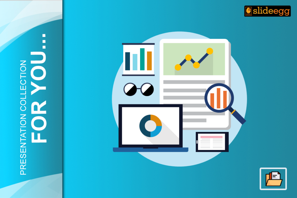 Illustration of graphs and curves through a magnifying glass, bar charts within laptop can be seen.