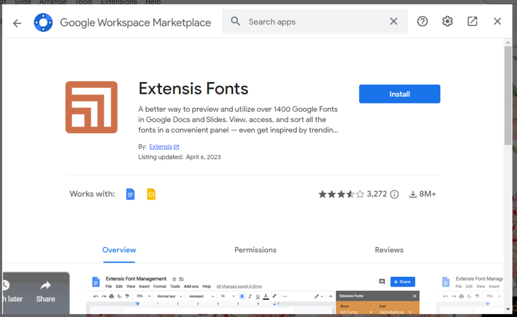 Google Workspace Marketplace. Extensis Fonts add-on with Install option.