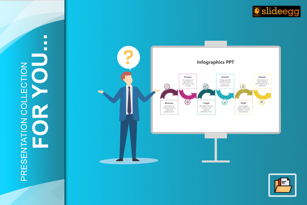 Man in suit presenting a colorful infographics PPT on a screen with six steps including icons and text