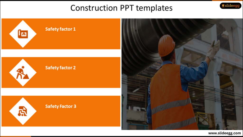 Illustration of three editable safety factors required in a construction site. Beside the factors an editable image of a construction executive can be seen.