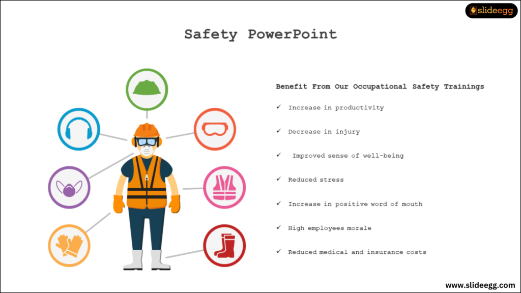 Depiction of a safety officer surrounded by number of safety icons relevant to construction. Features can be seen beside the pictorial representation.