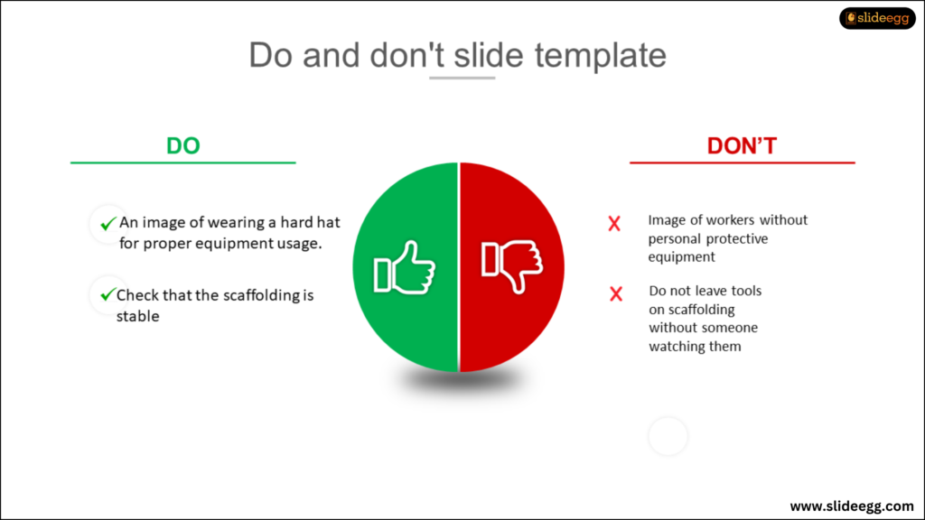 Representation of do's and dont's using green and red colour within a circle.