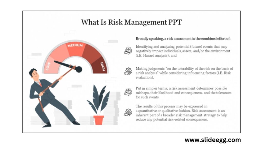 A guy pulling a needle of risk meter with four text areas.