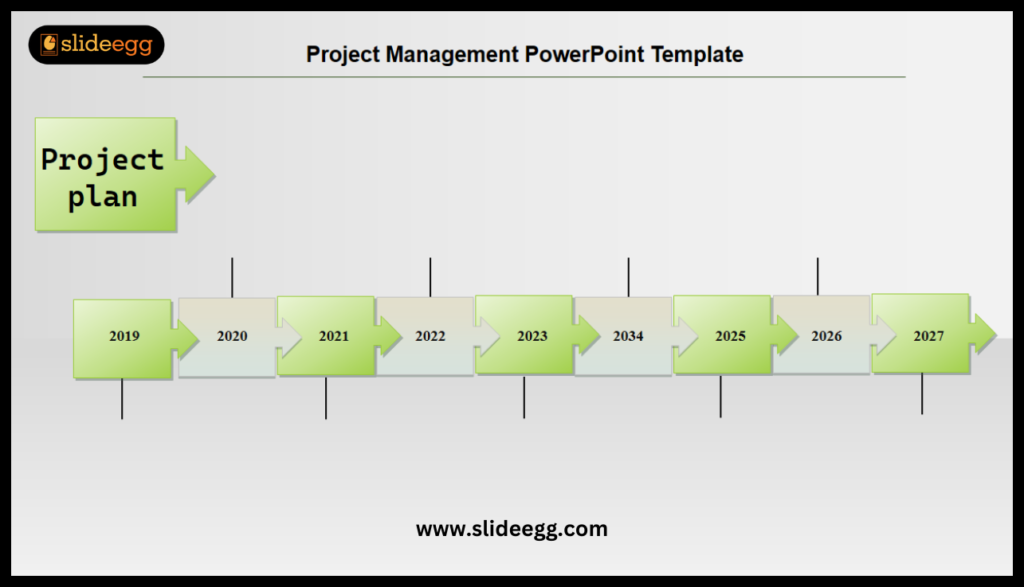 “Timeline graphic from 2019 to 2027 with ‘Project plan’ label, for a PowerPoint template.”