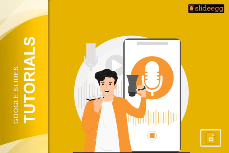 Google Slides Tutorials image. A man holding a megaphone near a smartphone with a microphone icon.